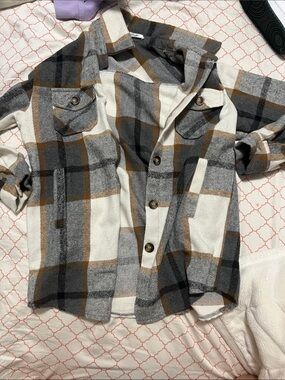 Cozy Plaid Button-Up Shacket in Cream, Gray & Brown flannel